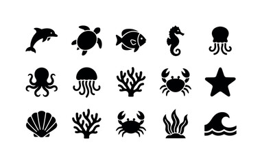 Obraz premium Underwater Sea Life, solid glyph icon set featuring dolphin, sea turtle, tropical fish, octopus, seahorse, starfish, coral, seashell, jellyfish, crab, seaweed and wave, covering underwater life,