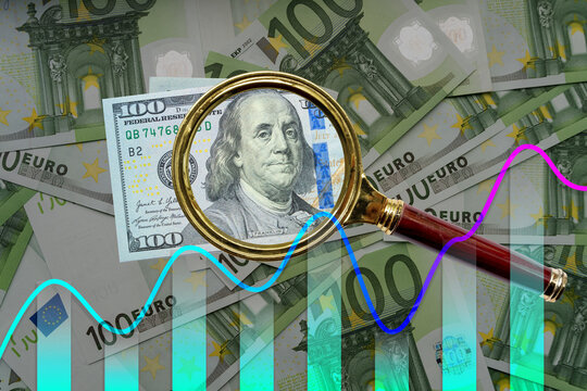 Magnifying glass over a one hundred US dollar banknote on a background of euro bills and a colorful financial growth chart. Concept of currency exchange, forex trading, and economic analysis