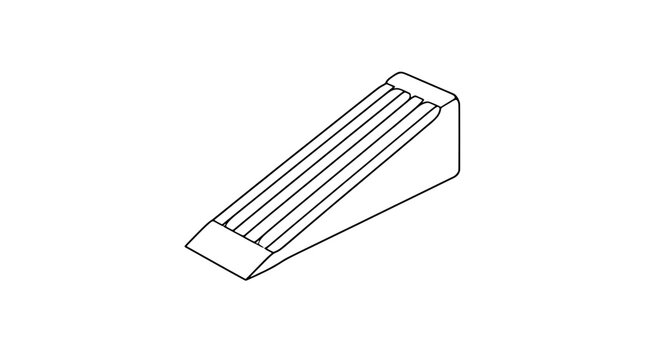 Minimalist outline illustration of a wedge doorstop with sloped ribbed top featuring five grooves and blunt front tip drawn with thin lines in centered isometric composition conveying angled form