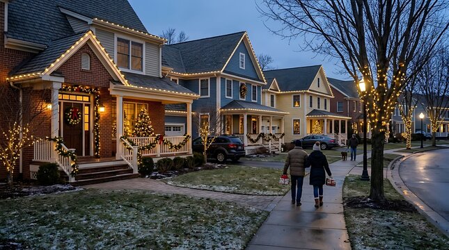 A couple walking down a quiet suburban street decorated with beautiful christmas lights during the evening