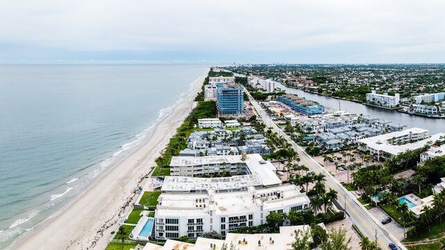 panoramic drone view of Hillsboro Beach, Florida with city and ocean