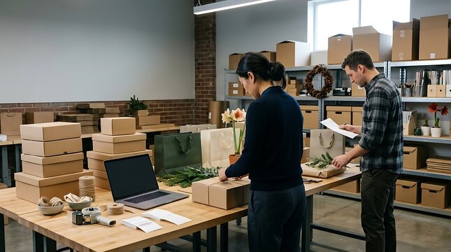 Two people working in a small business warehouse packing orders with cardboard boxes and a laptop