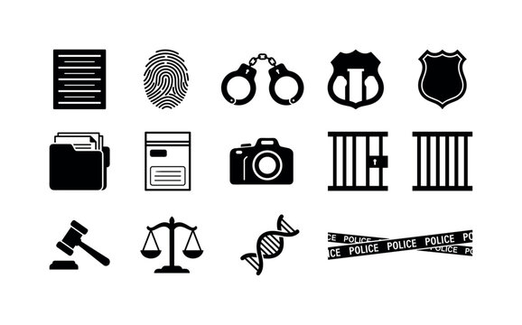 Criminal Justice Records, solid glyph icon set featuring lineup height board without numbers, fingerprint, handcuffs, police badge, case file, evidence bag, camera and prison bars, covering mugshot