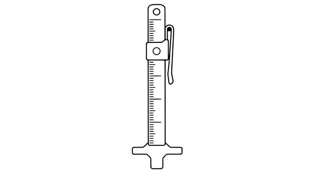 Black outline vector icon of a tire tread depth gauge with vertical graduated ruler sliding marker pocket clip and T shaped base drawn in thin crisp lines in upright view on plain white
