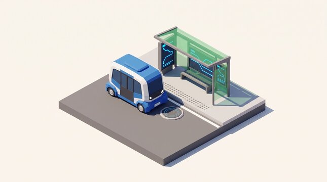 3D dimetric low poly autonomous electric shuttle bus transit stop tile