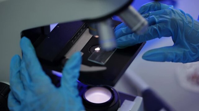 Extreme close-up of gloved hands holding a glass microscope slide, then placing it on a microscope stage under blue light