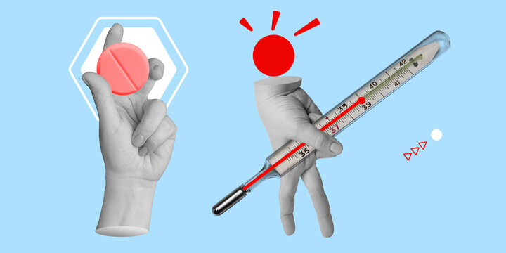 Hand holding pill and figure with thermometer indicating fever. High temperature, medical symptom and illness. Minimalist art collage