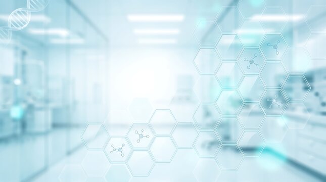 Scientific background with abstract hexagonal structure and molecular connection nodes representing biotechnology and pharmaceutical innovation research in a clean medical laboratory environment