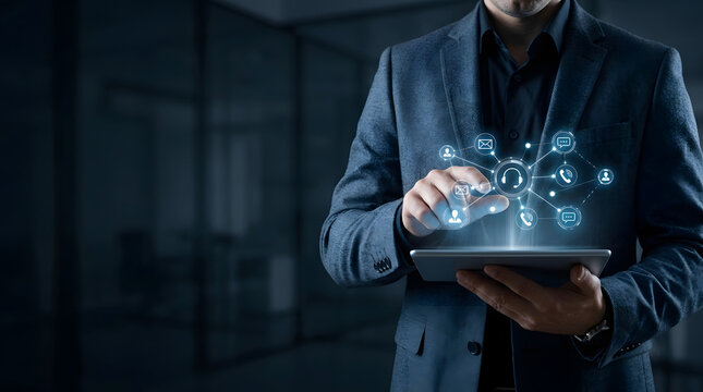 Professional Businessman in Suit Interacting with a Virtual Digital Interface Displaying Customer Service Icons, Contact Support, Communication Network, and Technical Help Desk Concept