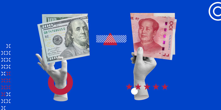 Hands holding US dollar and Chinese yuan. Geopolitical tension, US-China trade war, rivalry and commercial conflict. Minimalist art collage