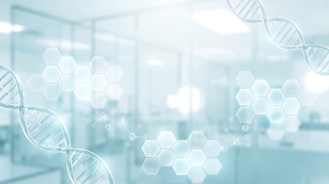 Abstract medical background with floating dna helix structures and digital hexagonal molecular patterns for healthcare research and biotechnology innovation concepts in soft blue light
