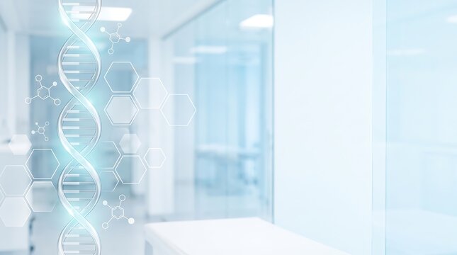 Double helix DNA strand with molecular hexagon patterns floating in clean bright hospital interior for genetic research and biomedical science industry visual communication