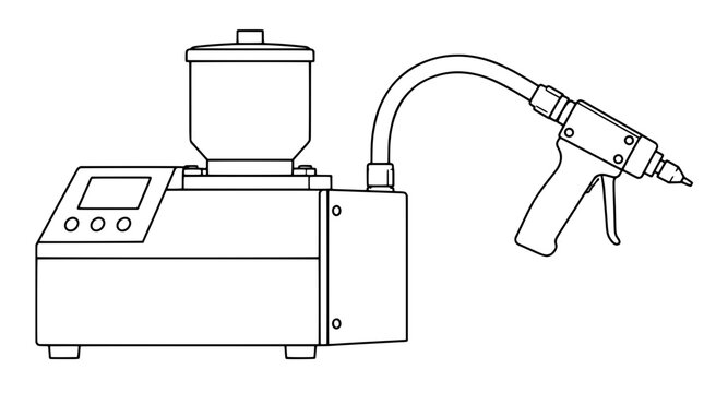Black outline vector icon of a hot melt glue machine with hopper tank display buttons and hose connected pistol applicator rendered in thin lines in side view highlighting controlled dispensing setup