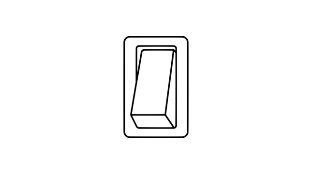 Black outline vector icon of a rocker light switch with tilted paddle button seated in rectangular wall plate frame rendered in bold black lines in front view accentuating geometric profile