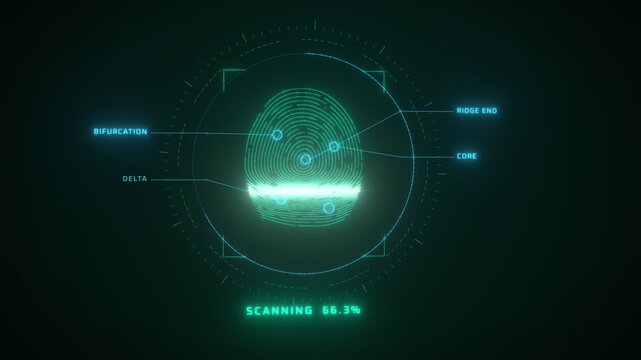 Digital fingerprint scanning process with access granted confirmation on futuristic interface