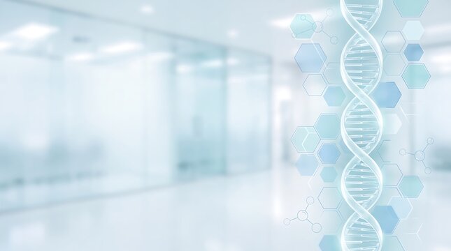 Clean medical laboratory background with a translucent DNA double helix and geometric honeycomb structures overlay representing modern clinical research and healthcare innovation