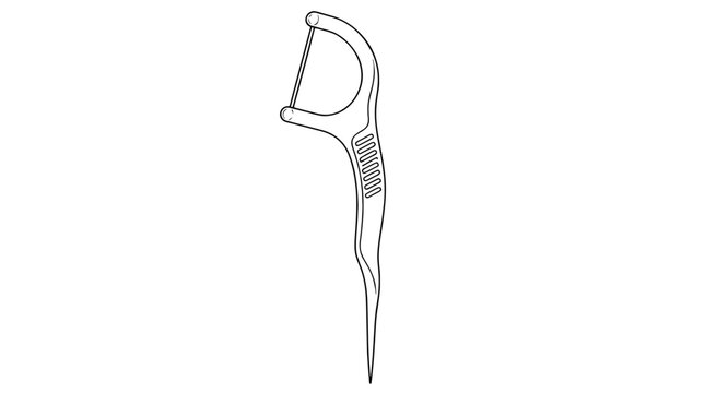 Black outline vector icon of a dental floss pick with U-shaped head, taut strand, ribbed grip and pointed toothpick tip drawn with thin lines in vertical arrangement emphasizing daily oral care use