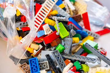 Obraz premium Detailed LEGO bricks plastic blocks toys, Gaming culture and block building hobby, Creative Educational toy game merchandise children play, children's playroom, Childhood play and creativity