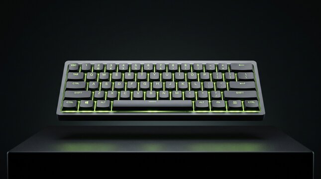 Minimalist low-profile mechanical keyboard floating above a dark platform with soft acid green neon illumination and futuristic luxury styling
