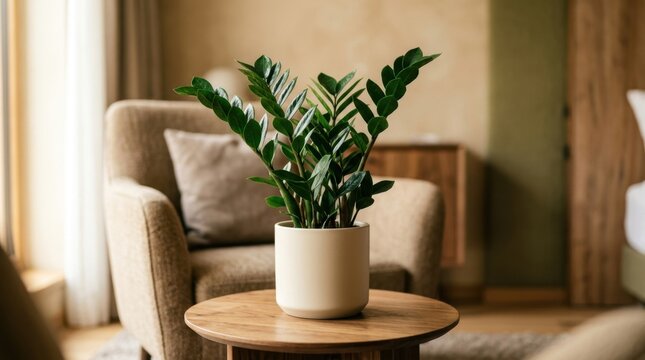 ZZ plant in cream pot on side table in cozy armchair interior decoration.