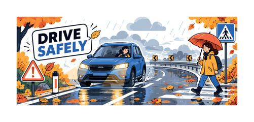 Obraz premium Autumn Road Safety. Autumn road safety banner showing a driver and pedestrian beside one oversized car with headlights and one oversized wet road curve, with rain cloud, fog lines, fallen leaves,
