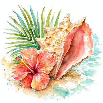 Queen Conch Shell With Hibiscus Flower Watercolor Illustration
