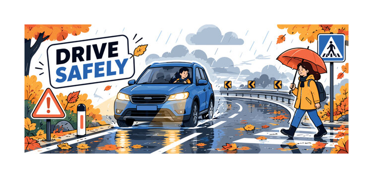 Autumn Road Safety. Autumn road safety banner showing a driver and pedestrian beside one oversized car with headlights and one oversized wet road curve, with rain cloud, fog lines, fallen leaves,