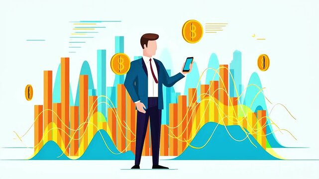 Flat vector illustration of a businessman holding a smartphone surrounded by rising financial bar charts and floating dollar coins