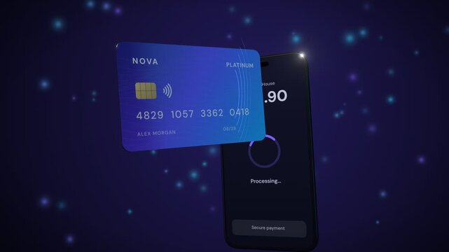 Contactless payment transaction sequence showing mobile phone and credit card interaction with successful payment confirmation