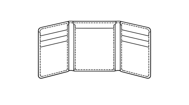 Line art illustration of an open trifold wallet with card slots on both side panels and dashed stitching around the edges rendered with medium lines in frontal composition made for accessory catalogs