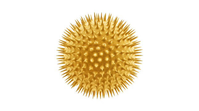 Golden virus cell model, microscopic pathogen sphere, spiky yellow pollen grain illustration, scientific medical research graphic isolated PNG with Transparent Background