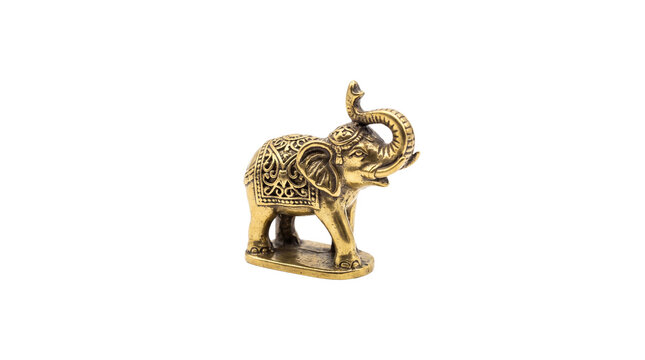 Vintage brass elephant figurine with trunk up, ornate golden bronze elephant statue, decorative Indian feng shui lucky elephant sculpture isolated PNG with Transparent Background