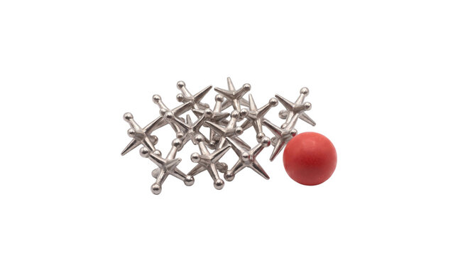 Vintage metal jacks game pieces with red rubber ball, classic nostalgic metallic jacks game, traditional metal children play set isolated PNG with Transparent Background