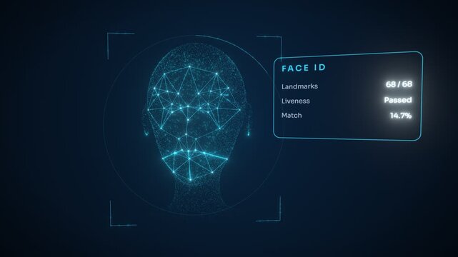 Digital face recognition process showing biometric scan and verification with data overlay