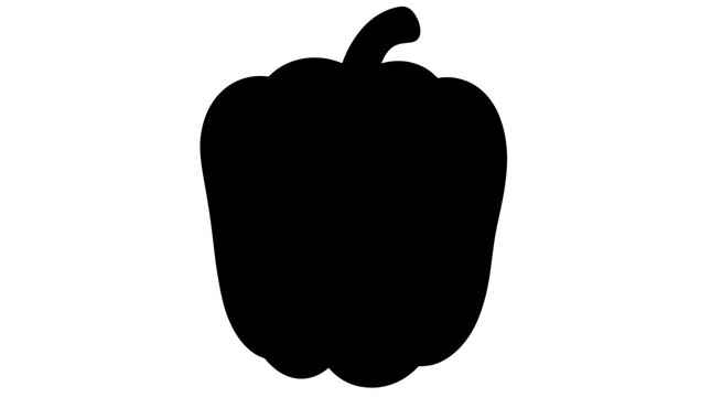 Bold outline vector icon of a blocky orange bell pepper showing plump lobed body with black contours and green curved stem rendered with flat color fill in centered front view exuding freshness