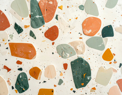 白い背景にカラフルな石片が散りばめられたテラゾーのシームレスなパターン/Terrazzo seamless pattern with colorful stone chips on white background