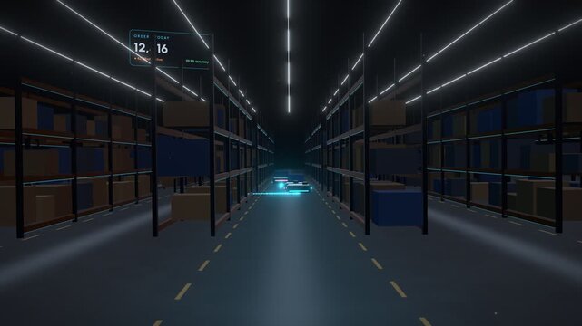 Automated warehouse interior with robotic arms and digital displays showing order counts and robot activity