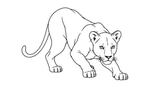 Black outline vector icon of a crouching lioness with extended forelegs, curved tail, alert ears and focused eyes drawn in thin clean lines in dynamic three-quarter pose facing forward