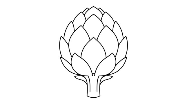 Black outline vector icon of a globe artichoke with layered pointed scales and short thick stem rendered in medium lines in centered upright view capturing firm vegetable structure with clarity