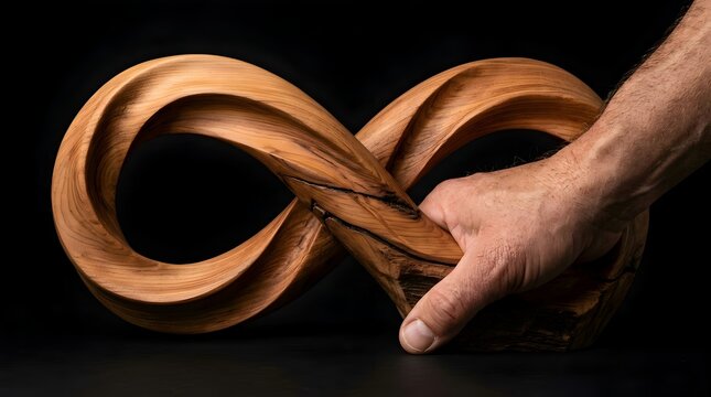Man's hand touching a handcrafted wooden infinity loop symbol on a black background, representing concepts of eternity, continuity, craftsmanship, and everlasting connection in a minimalist studio