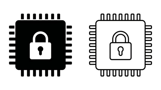 Secure microchip and processor icons with lock symbols