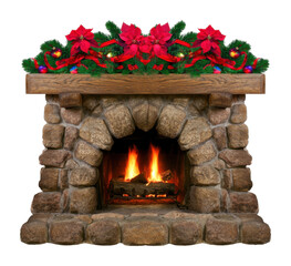 Obraz premium PNG Rustic stone fireplace with festive poinsettia Christmas garland