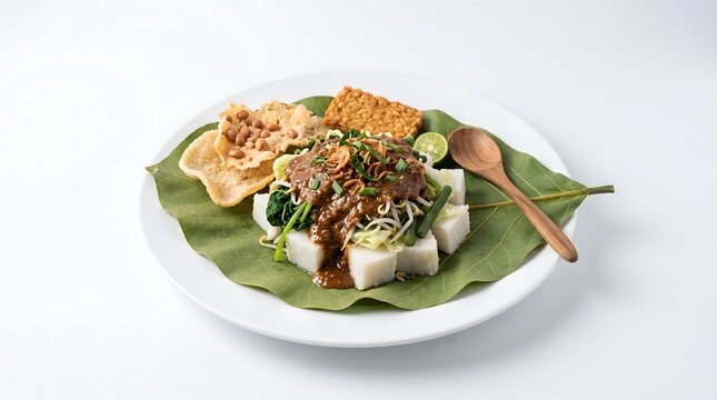 A top-down studio shot of Gado-gado or Pecel, an Indonesian vegetable salad with peanut sauce, served on a banana leaf with tempeh, peanut crackers, and lime.