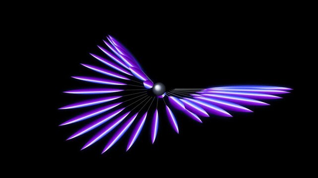 Abstract 3d digital art featuring a central metallic sphere with radiating purple spindle shapes arranged in a fanlike pattern against a black background
