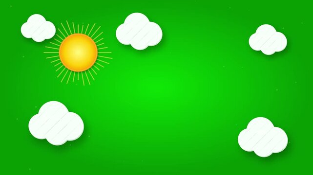 Cute cartoon sun and white clouds on bright green screen background, 3D rendered graphic template