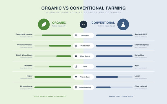 Organic vs conventional farming comparison infographic, split screen with fertilizer, pest control, yield, price and soil bars
