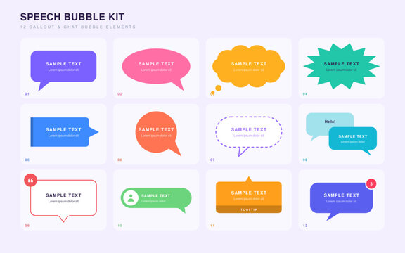 Speech bubble callout kit with 12 chat, thought, shout, tooltip and quote bubbles in bright colors
