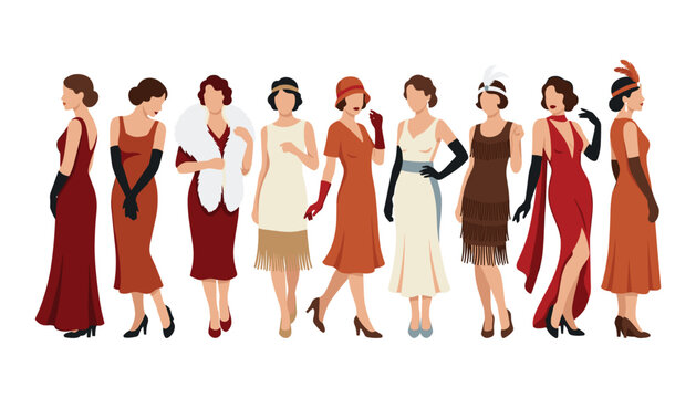 Elegant retro 1920s flapper woman character vector illustration set wearing vintage Gatsby fashion dresses headbands gloves isolated on white background