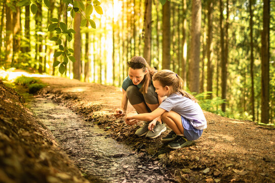Mother and daughter exploring nature together beside a forest stream during an educational outdoor adventure