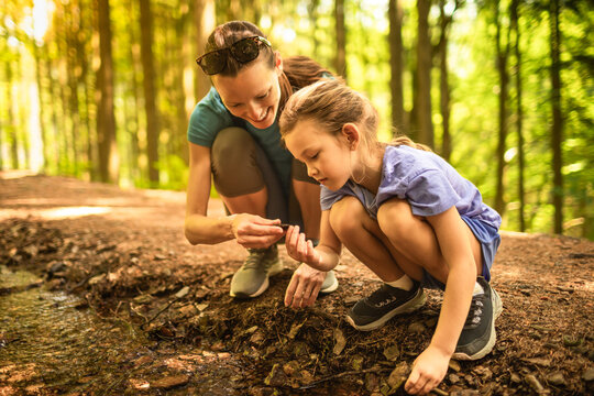 Mother and daughter exploring nature together beside a forest stream during an educational outdoor adventure